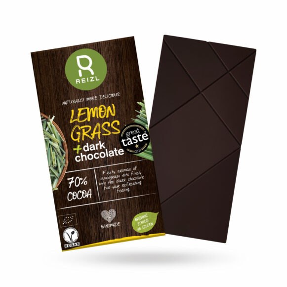 Ciocolata BIO neagra cu lemongrass - Reizl - 70% cacao de calitate superioara, decorata cu lemongrass, premiata cu Great Taste 2021.