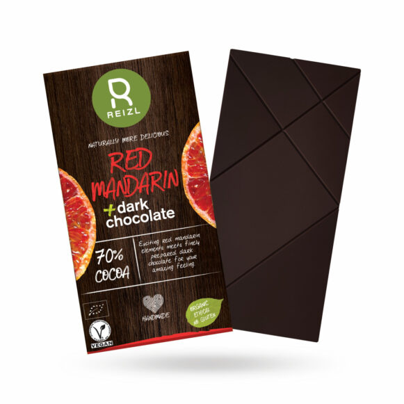 Ciocolata BIO neagra cu mandarina rosie - Reizl - 70% cacao de calitatesuperioara, imbogatita cu mandarina rosie delicioasa.