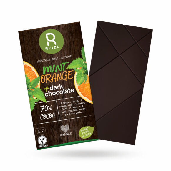 Ciocolata BIO neagra cu menta si portocale - Reizl - 70% cacao de calitatesuperioara, imbinata cu note racoritoare de menta si portocale.