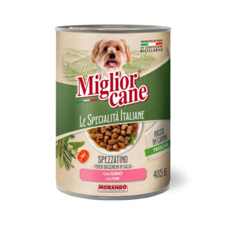 Migliorcane - Bucati in sos cu carne de porc 405g - hrana umeda completa pentru caini adulti, cu carne proaspata si ierburi aromatice italiene.