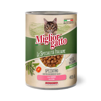Morando - Bucati in sos cu porc 405 g - hrana umeda completa pentru pisici adulte, cu taurina si ingrediente italiene atent selectionate.