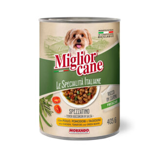Morando - Bucati in sos cu pui, rosii si fasole verde 405 g - hrana umeda completa pentru caini adulti, cu carne proaspata si ingrediente italiene.