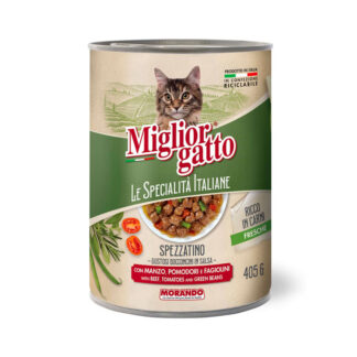 Morando - Bucati in sos cu vita, rosii si fasole verde 405 g - hrana umeda completa pentru pisici adulte, cu taurina si ingrediente atent selectionate.