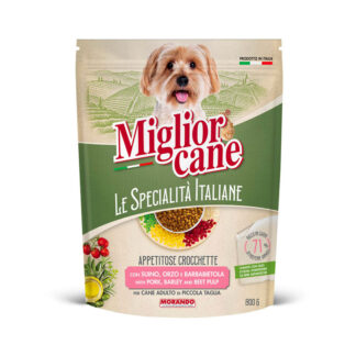 Morando - Crochete cu porc, orz si sfecla rosie 800 g - hrana uscata completa pentru caini adulti de talie mica, cu ingrediente italiene atent selectionate.