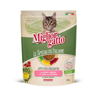 Morando - Crochete cu porc si legume 400 g - hrana uscata completa pentru pisici adulte, cu taurina si ingrediente italiene atent selectionate.