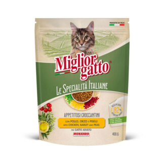Morando - Crochete cu pui, orz si mazare 400 g - hrana uscata completa pentru pisici adulte, cu taurina si ingrediente italiene atent selectionate.