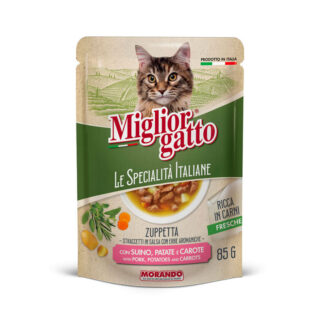 Morando - Fasii in sos cu porc, cartofi si morcovi 85 g - hrana umeda completa pentru pisici adulte, cu taurina si ingrediente italiene atent selectionate.
